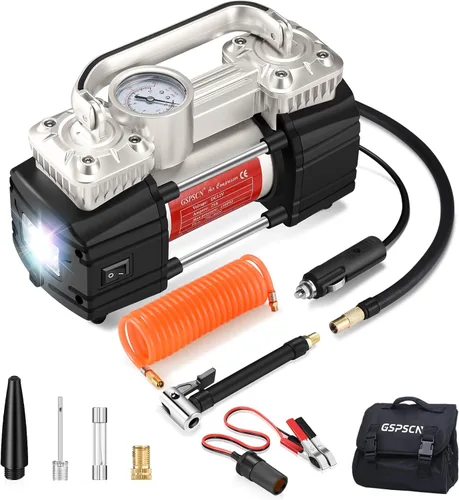 GSPSCN - Compresor de aire con cilindro doble, plateado, inflador de neumáticos portátil de alta resistencia, 12V, 150 PSI, para bombeo rápido con