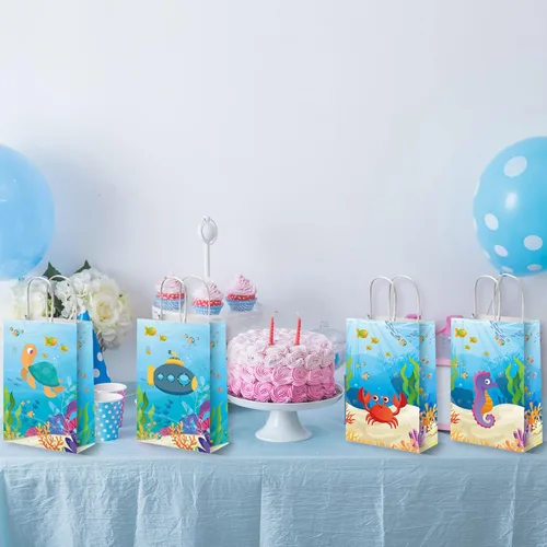 Miniatura 4 de Paquete de 12 bolsas de fiesta de animales marinos bajo el mar, bolsas de regalo para fiesta temática del océano, bolsas de golosinas para fiesta