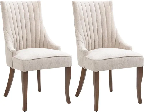 Juego de 2 sillas de lino para cocina y comedor, sillas de comedor con canal, tela cómoda, sillas tapizadas para comedor con patas de madera maciza