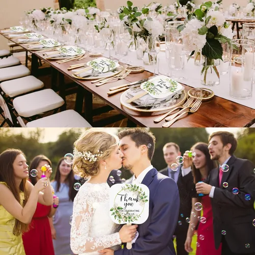 Miniatura 6 de Tradder 50 abanicos de papel de mano de boda a granel con mango de madera para invitados, regalos de despedida de soltera, hojas verdes, gracias por