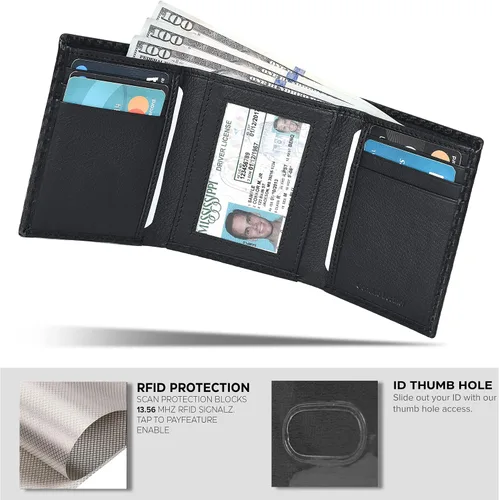 Miniatura 5 de Real Leather Trifold Wallet For Men - Slim Ultra Thin Tri Fold Front Pocket Minimalist Credit Card Holder ID Window Gift Men