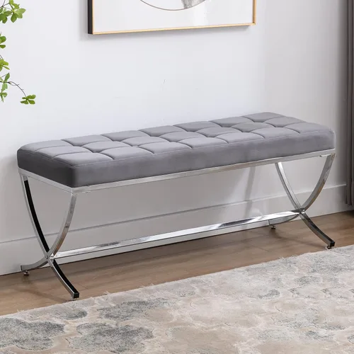 Miniatura 10 de DUOMAY Moderno banco otomano copetudo, banco de comedor tapizado de piel sintética, reposapiés con botones y patas de metal, 45.75 pulgadas de ancho