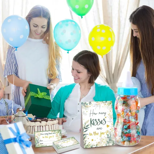 Miniatura 7 de Fuutreo Juego de 52 piezas de regalos para baby shower, incluye un biberón grande de pie con 50 tarjetas pequeñas, decoraciones florales para niñas