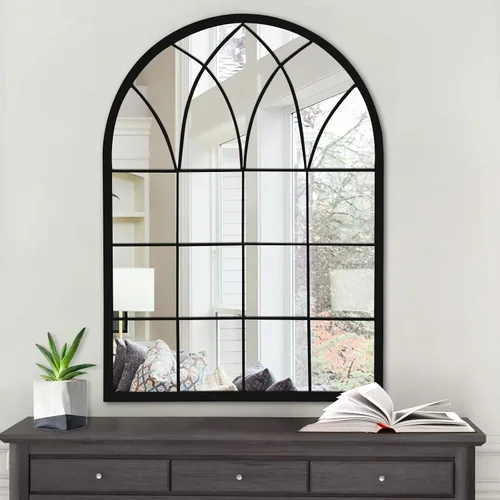 Miniatura 7 de Espejo de pared de ventana arqueada, espejos de marco de metal de 35 pulgadas con patrón de rejilla, acabado antiguo negro, espejo decorativo