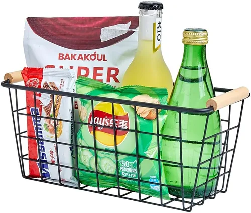 Miniatura 6 de Cestas colgantes de metal negro con asa, organizador de almacenamiento de pared de alambre con ganchos, cestas adhesivas para cocina, baño