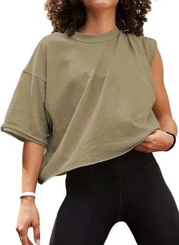 Camisetas cortas de entrenamiento de gran tamaño para mujer, manga corta, cuello redondo, hombros caídos, cuadradas, de verano, casuales, lisas,