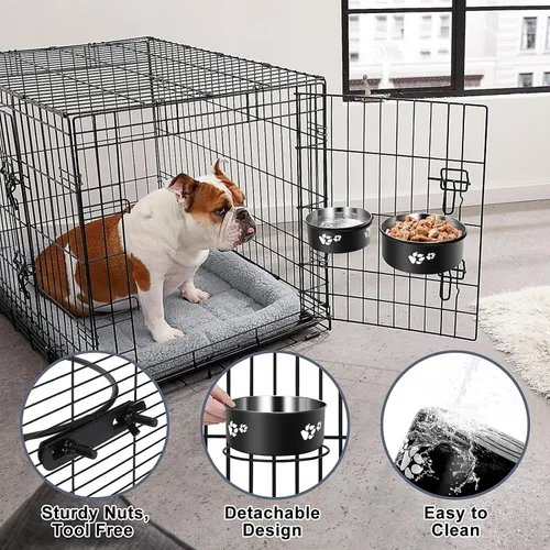 Miniatura 6 de Tazón de Agua Colgante para Perrera, ShineMe Paquete de 2 Tazones de Acero Inoxidable para Comida y Agua para Jaula de Perro, Jaula, Tazones