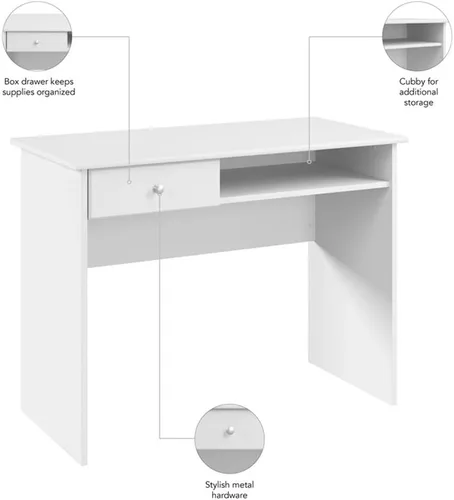 Miniatura 6 de Bush Home Cabot - Escritorio pequeño de 40 W con cajón y estante en color blanco, mesa de trabajo compacta para oficina en casa o sala de estar