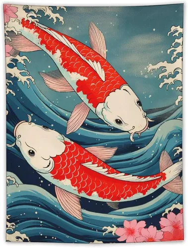 Miniatura 13 de QEOPGNE Tapiz de pared grande con diseño de pez Koi, grandes olas japonesas, flores de cerezo, banderas retro para habitación, sala de estar