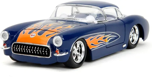 Jada Big Time Muscle 1:24 1957 Chevrolet Corvette - Auto fundido a presión, juguetes para niños y adultos (azul oscuro/llamas)