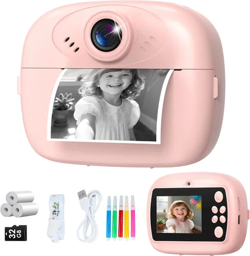 Cámara de impresión instantánea para niños, cámara digital 1080P para niños con tarjeta SD de 32 GB, juguetes para niñas pequeñas, regalos de Rosa