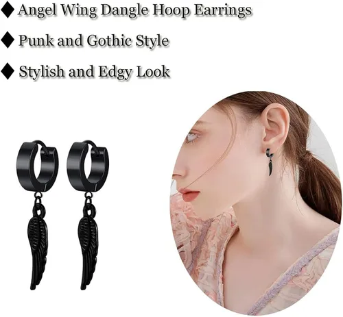 Miniatura 2 de Pendientes de aro unisex punk hip hop de acero inoxidable plateado negro dorado tono de bloqueo de trueno perno de rayo colgante de aro de regalo