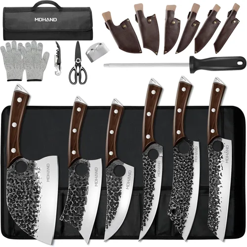 MDHAND Juego de Cuchillos de Carnicero, 13 Piezas Juego de Cuchillos de Chef Serbios Forjados a Mano con Bolsa, Juegos de Cuchillos de Cocina de