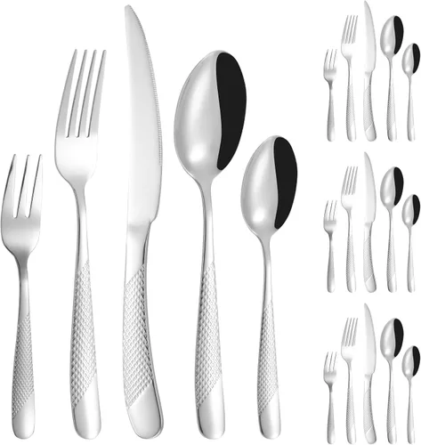 Miniatura 9 de Modern Silverware - Juego de cubiertos martillados de acero inoxidable de 20 piezas para 4 personas, incluye tenedores, cucharas, cuchillos, plateado
