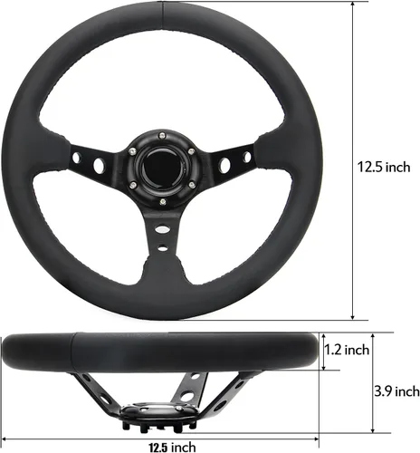 Miniatura 3 de Volante universal de carreras de 6 pernos 320mm 12.5" de cuero genuino negro con agarre, marco de aluminio, volante deportivo de llanta profunda