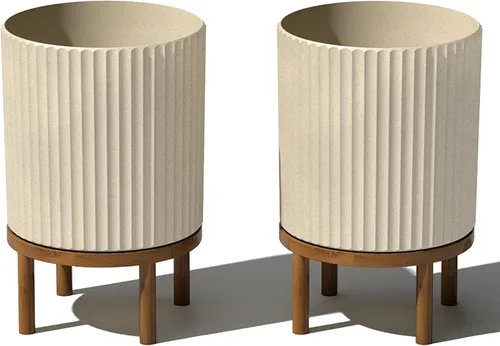 Miniatura 25 de Veradek Demi Series - Maceta redonda con soporte para porche o patio, compuesto de piedra de plástico duradero y soporte de madera, decoración