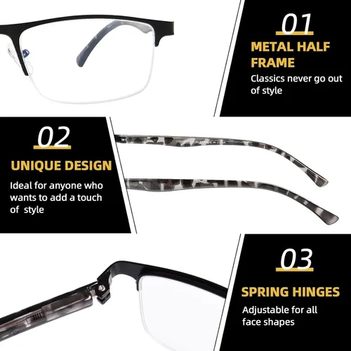 Miniatura 4 de FONHCOO - Gafas de lectura para mujeres y hombres, gafas de lectura con bloqueo de luz azul, metal, medio marco, lectores de computadora, anti Negro