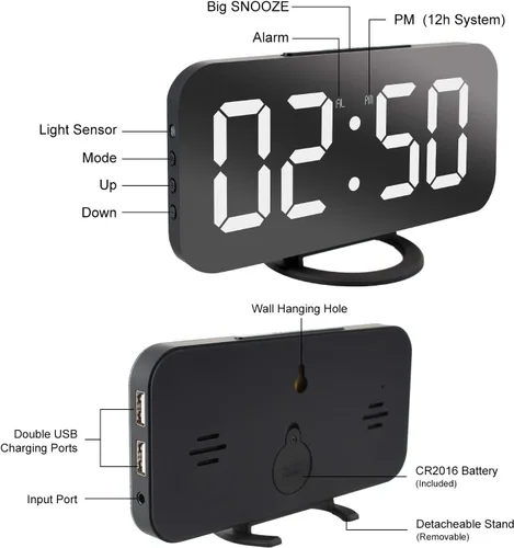 Miniatura 3 de Reloj despertador digital Lamisola, gran pantalla LED con espejo, 2 puertos de carga USB, brillo ajustable automáticamente, relojes modernos