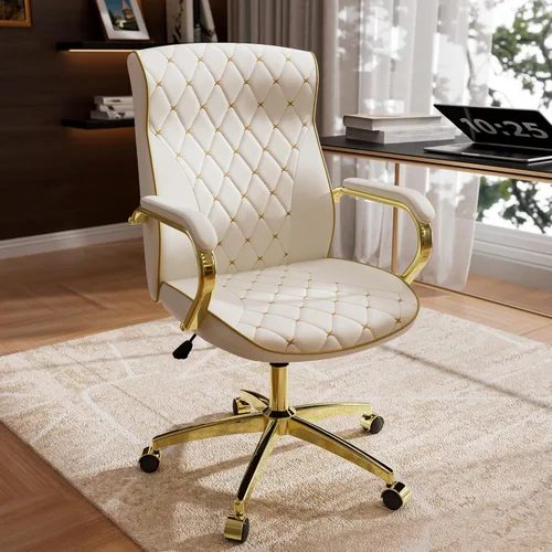 HomeZeer Silla de oficina blanca y dorada con bordado de cuero suave, silla ejecutiva vintage de respaldo medio giratoria con ruedas y brazos Blanco