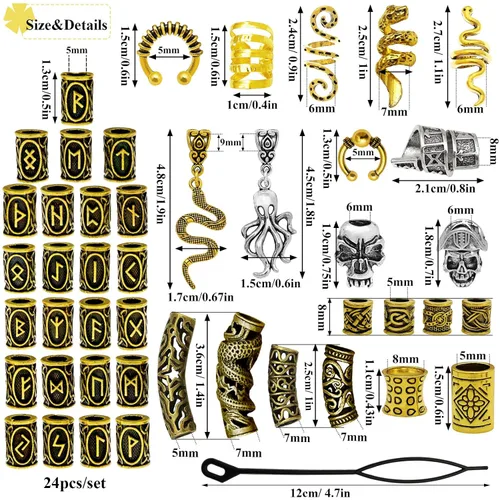 Miniatura 7 de 207 piezas de joyería para cabello vikingo, cuentas de runas nórdicas en tubo, kit de accesorios para trenzas, rastas, barba, locs, clips metálicos