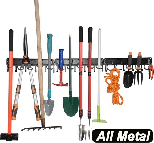 YueTong Organizador de herramientas de jardín de metal, organizadores de pared ajustables y almacenamiento, soporte de pared resistente con ganchos