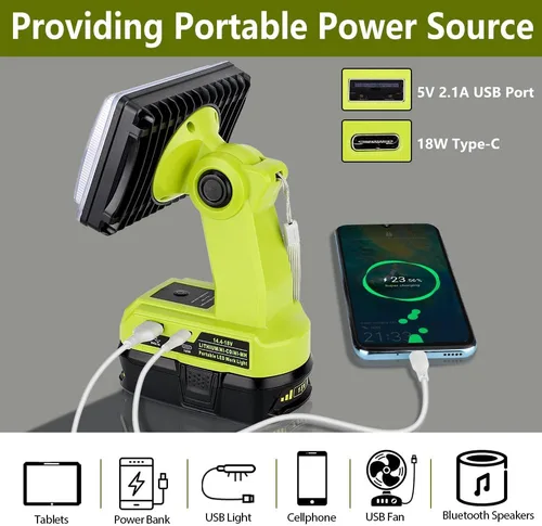 Miniatura 4 de Choerinton Luz de trabajo compatible con batería Ryobi de 18 V, luz de 18 W, portátil, inalámbrica, con puerto de carga USB, reflector LED