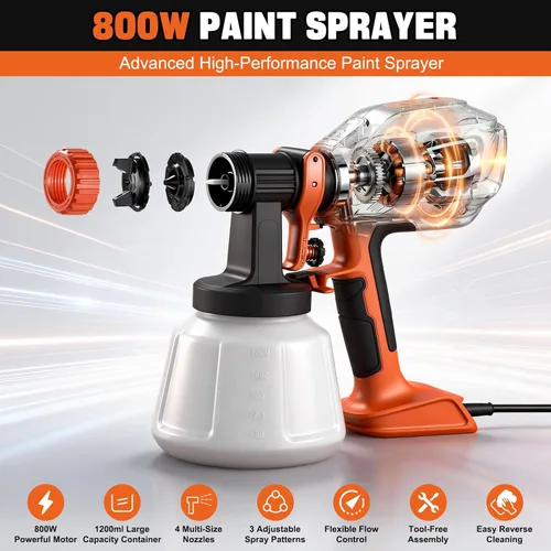 Miniatura 6 de Pulverizador de pintura para pintura de casa, pistola de pintura en aerosol HVLP de 800 W con 4 boquillas y 3 patrones, contenedor de aerosol