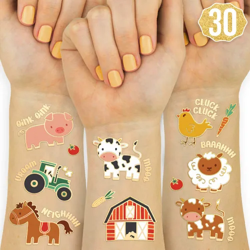 xo, Fetti Suministros para fiestas de granja, tatuajes temporales - 30 estilos de purpurina | Animales de corral, zoológico de mascotas, vaca, Oro