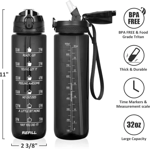 Miniatura 2 de Fimibuke - Botella de agua de 32 onzas líquidas con funda, sin bisfenol A, a prueba de fugas, deportiva, motivacional, con pajilla y correa, bolsa