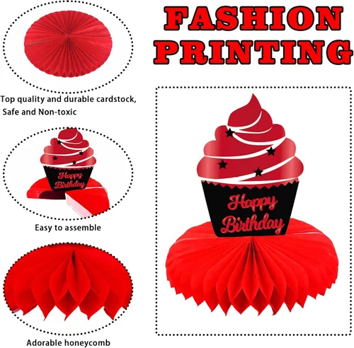 Miniatura 4 de Feliz Cumpleaños 15 Centros de Mesa de Panal Rojo y Negro Globos Decoración Temática de Mesa Decoraciones de Mesa Adornos de Mesa para Niñas Mujeres