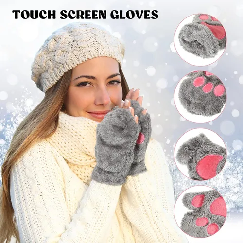 Miniatura 2 de SATINIOR 3 pares de guantes de pata de gato, guantes sin dedos, guantes de felpa de invierno para mujeres y niñas