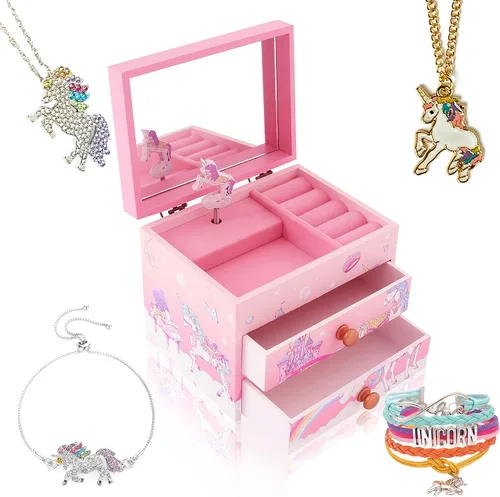 Agitation Joyero musical de madera con diseño de princesa unicornio, regalos de unicornio para niñas (unicornio rosa 7)