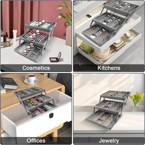 Miniatura 6 de Organizador de cajones de 3 niveles plegable, organizador de cajones de varios niveles, organizador de cajones de basura para oficina, maquillaje