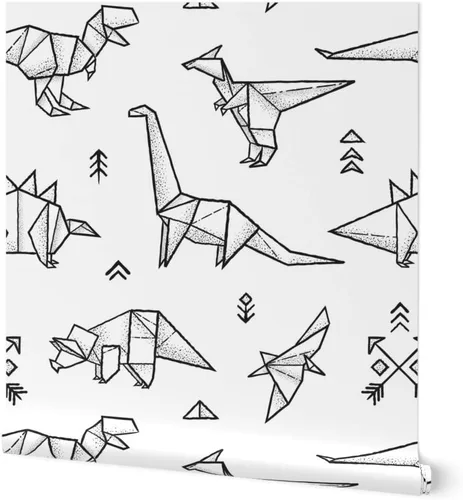 Papel tapiz para despegar y pegar, diseño de dinosaurios de origami, negro, blanco, geométrico, monocromático, extraíble, personalizado Spoonflower