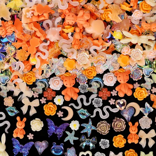 Miniatura 10 de COOSLIM 110 dijes de uñas 3D para uñas acrílicas, flor de camelia, rosa, mariposa, lazo, corazón, oso, conejo, estrella, para diseños de uñas, Negro