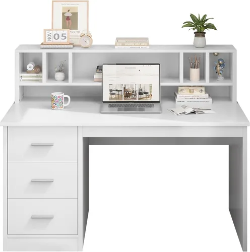 Miniatura 7 de MaverickFurni Escritorio blanco con cajones, escritorio de oficina en casa de 46 pulgadas con gabinete y almacenamiento, escritorio pequeño con 3