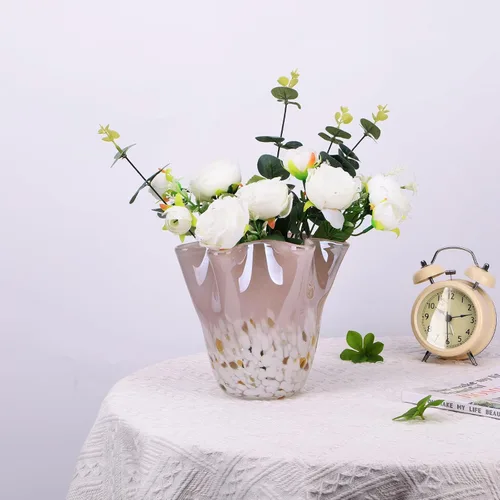 Miniatura 6 de DOVDOV Florero de cristal rosa soplado a mano, decoración de jarrón de boca ancha ondulado, jarrón de vidrio único para centro de mesa de comedor