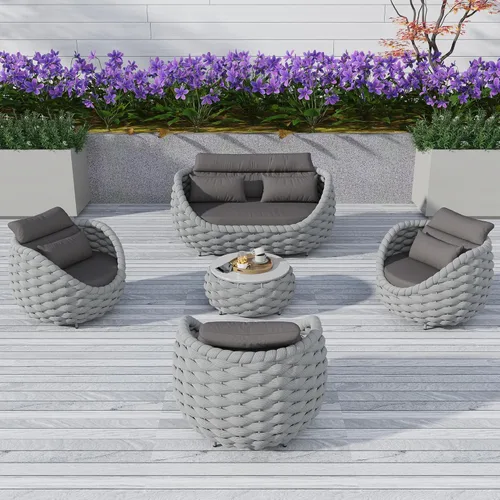 Miniatura 21 de TWT 3-Piece Woven Rope Patio Furniture Set, 2 Outdoor Armchairs with Soft Cushions + Round Aluminum Coffee Table, All-Weather Conversation Set for