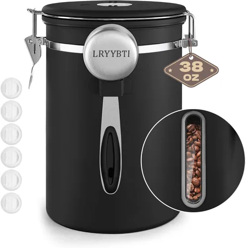 Miniatura 10 de Recipientes de café con ventana, cuchara y tapa hermética de acero inoxidable para almacenamiento de granos de café en la cocina (22 oz/negro)