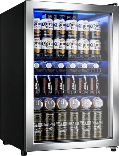 Miniatura 9 de Manastin Refrigerador de bebidas, refrigerador independiente para 120 latas con puerta de vidrio, estantes ajustables y pantalla digital de Negro