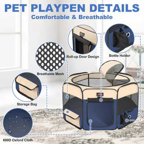 Miniatura 2 de Aivituvin Corral para Perros, Corrales de Juego Plegables para Mascotas con Bolsa de Transporte para Gatos, Cachorros, Conejos, Jaulas de Carpa Azul