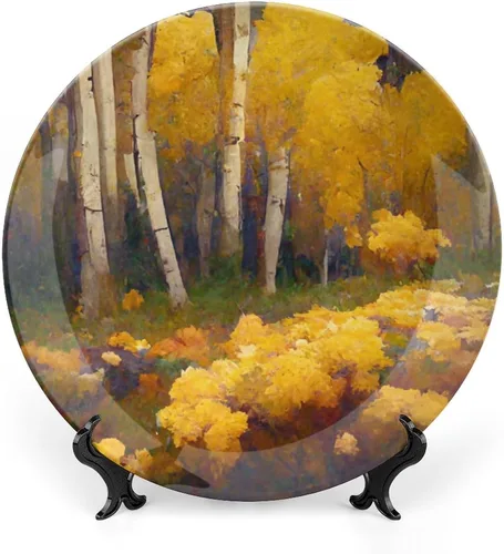 Platos decorativos, Aspen otoño árboles coloridos de pintura de montaña, plato de cena de cerámica para el hogar con soporte de exhibición, Pintura
