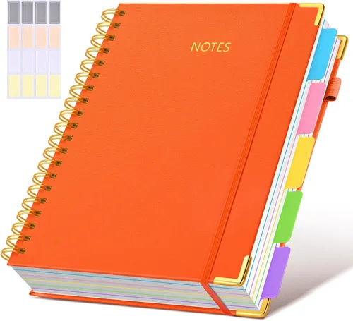 Miniatura 49 de Cuaderno universitario de espiral con tapa dura de cuero de 8 x 10 pulgadas, con pestañas separadoras extraíbles, para 5 materias, a rayas; diario