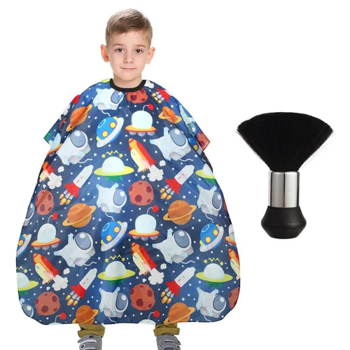 Miniatura 9 de Capa de peluquería para niños con cepillo quitapelusas para el cuello, capa profesional de salón para corte de cabello con cierre a presión