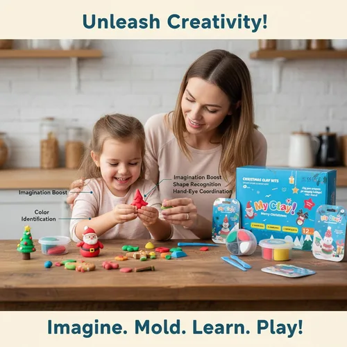 Miniatura 5 de Arcilla seca al aire para niños, 12 arcilla para modelar de Navidad, kit de arcilla mágica con herramientas y tutoriales, suave y antiadherente, Kit