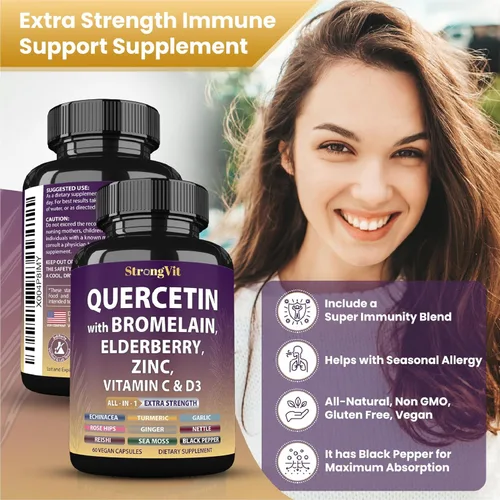 Miniatura 3 de StrongVit Quercetina con bromelina, saúco, vitamina C, D3 y zinc. Suplemento de apoyo súper inmunológico. Complejo orgánico para hombres y mujeres
