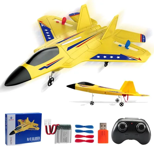 Fremego Avión RC F22 de 2.4GHz con Control Remoto con Estabilizador Giroscópico, Luces LED y Baterías Duales, Planeador RC de Vuelo Fácil para