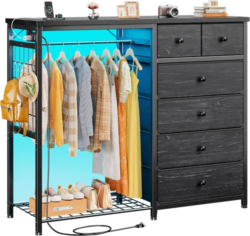 Miniatura 9 de EnHomee Cómoda de 49.2" de ancho para dormitorio con perchero colgante, 6 cajones, cómoda con luces LED y estación de carga, aparadores de tela