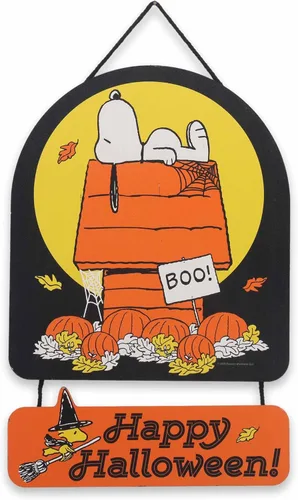 Miniatura 19 de Peanuts Snoopy Jack-O-Lantern - Guirnalda de Halloween colgante de madera para decoración de pared, divertido letrero de Snoopy para el hogar Naranja