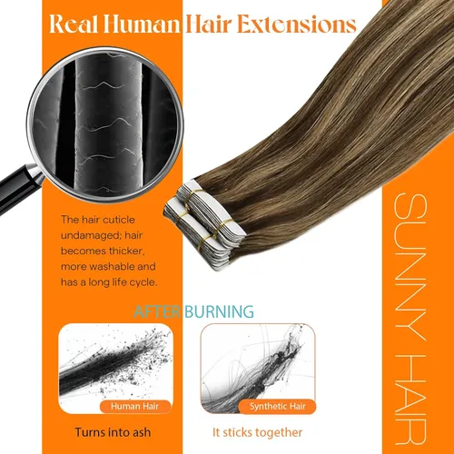 Miniatura 7 de Sunny Hair - Extensiones de cabello humano real para mujer, con cinta adhesiva invisible, Remy, color castaño oscuro con reflejos de color rubio